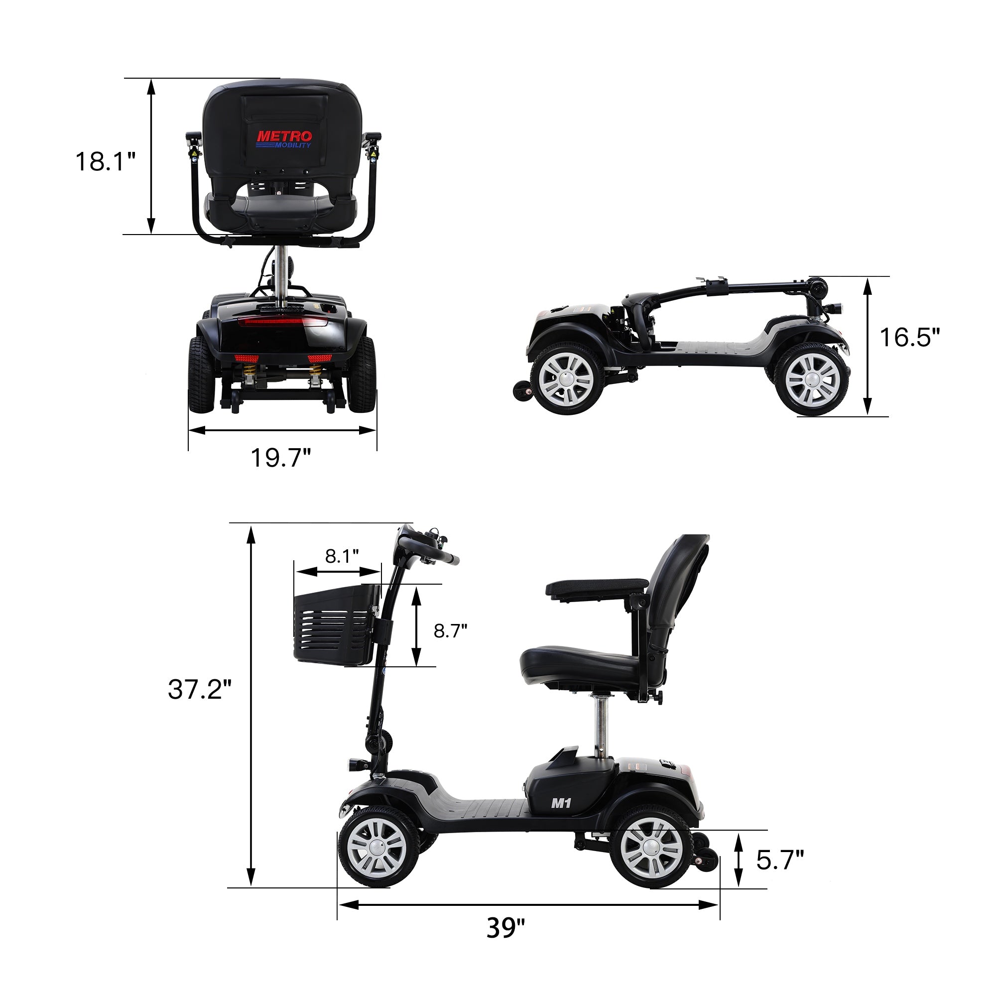 Metro Mobility M1 Portal 4-Wheel Heavy Duty Scooter for Senior with Rear Basket and Side Pocket