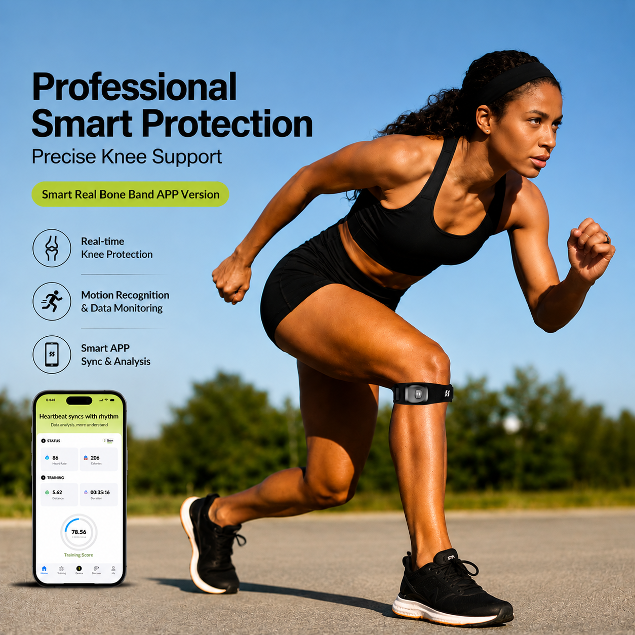 Smart knee support worn during running with app-connected activity monitoring