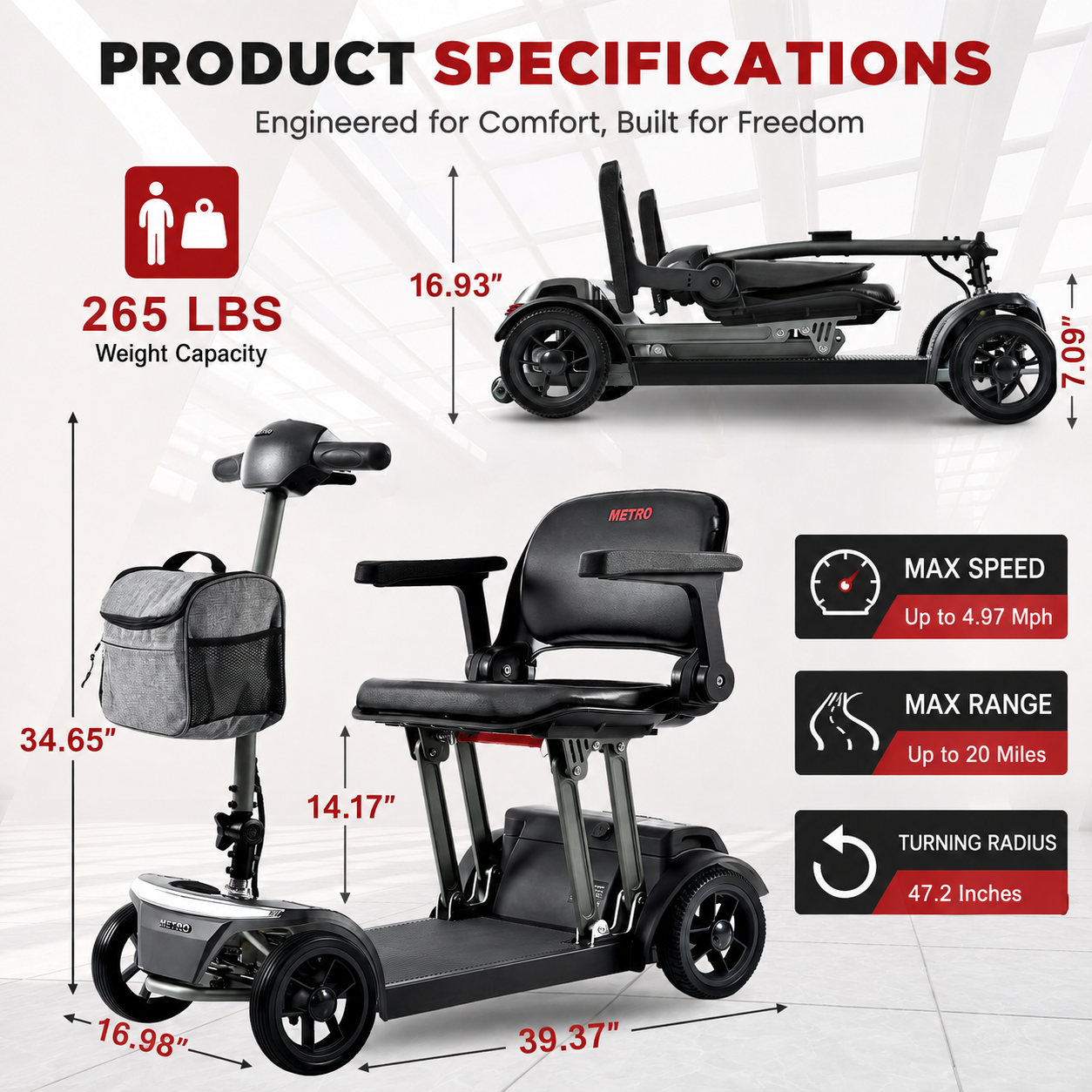 Metro Mobility Air Traveller mobility scooter specifications with dimensions, 265 lbs weight capacity, 20-mile range, and 4.97 mph max speed