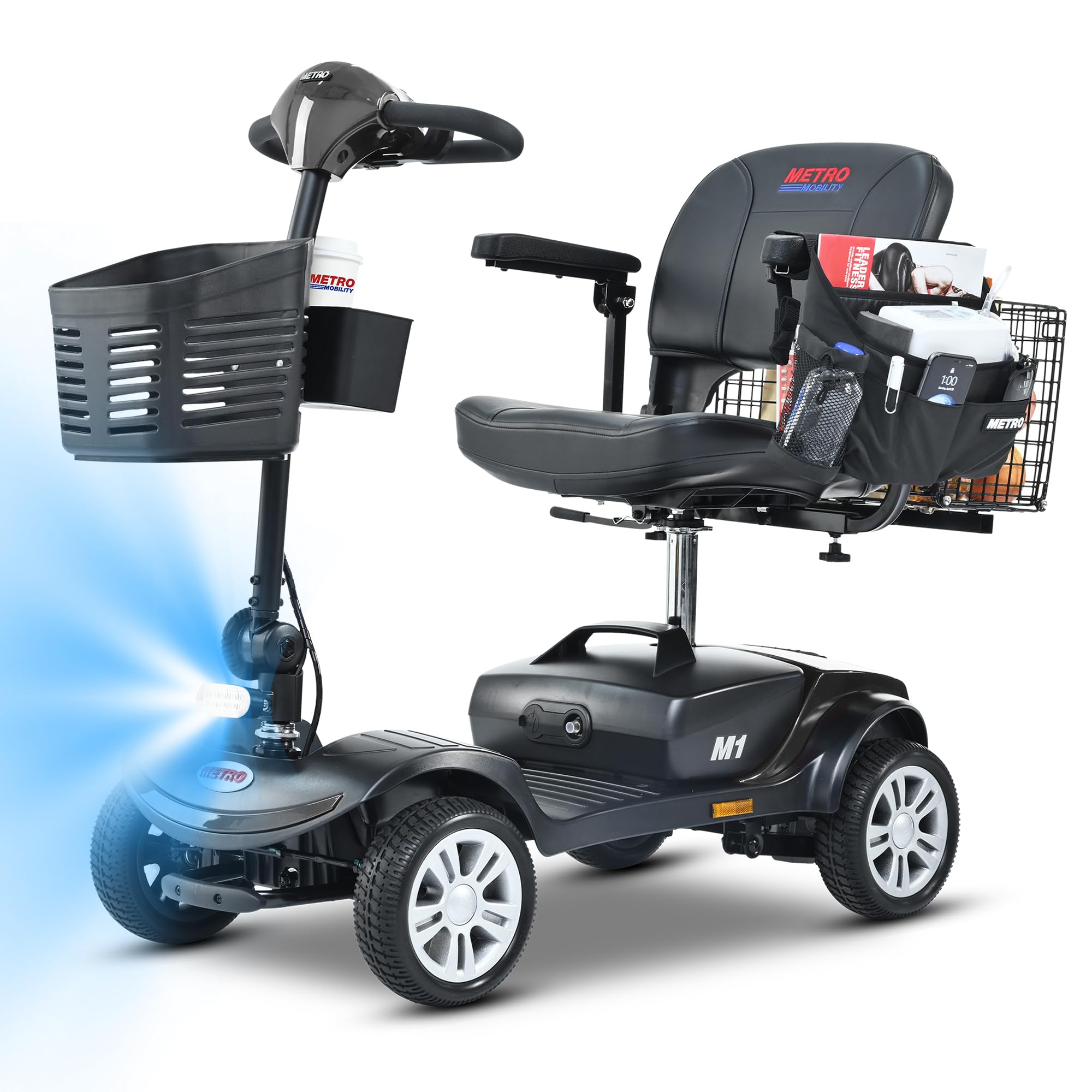 Metro Mobility M1 Elite Series 4-wheel mobility scooter in Obsidian Black featuring a high-intensity LED headlamp and dual-storage system.